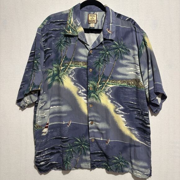 Tommy Bahama Hawaiian Shirt Men's XL 100% Silk Sailboat Camp Palm Trees AOP - Picture 1 of 9